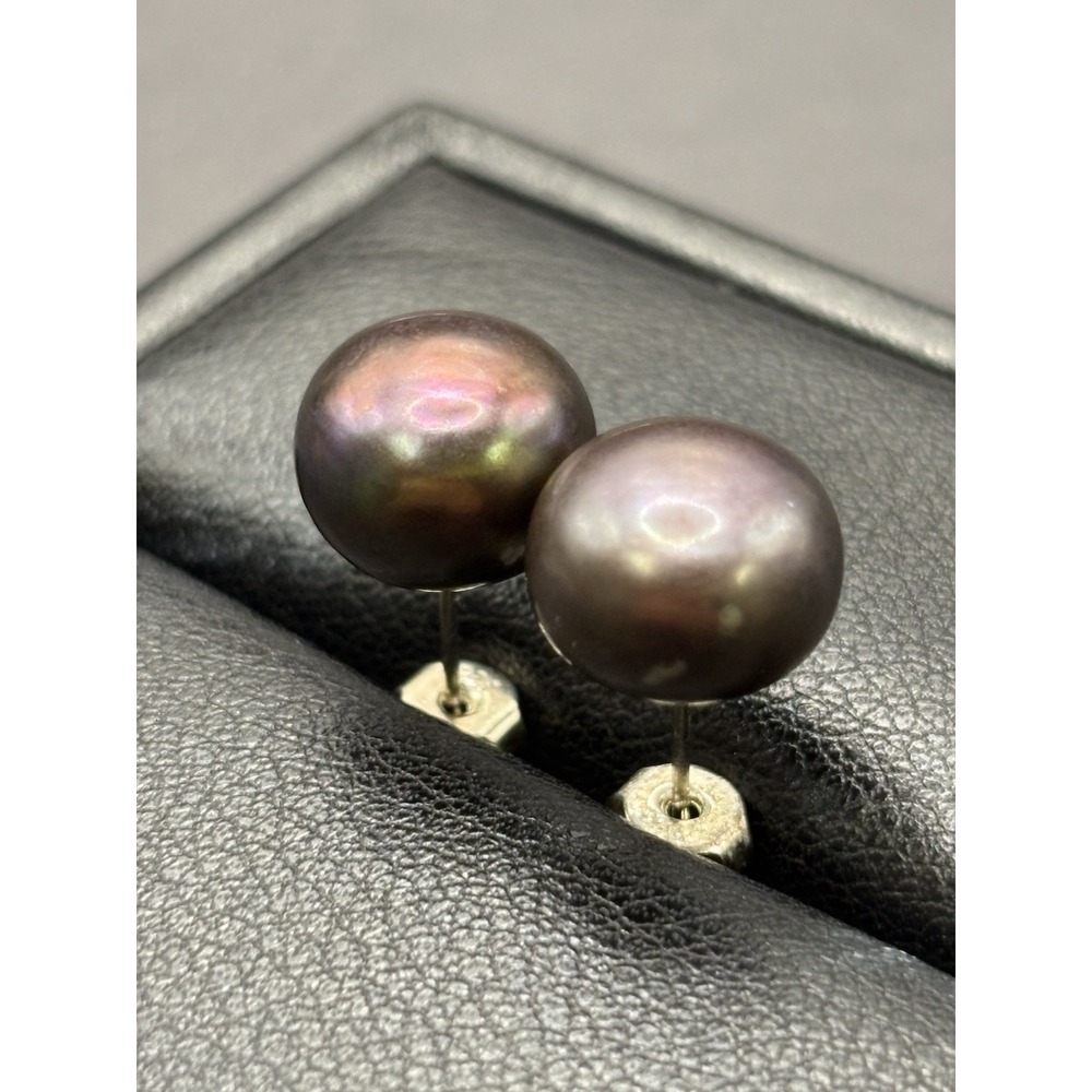 Vintage Sterling Silver Black Pearl 11MM Earrings 2 Grams G24